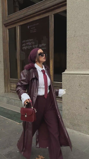 Kürk Yaka Deri Trençkot Bordo