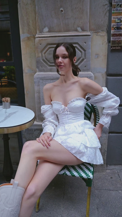 Kalp Yaka Fisto Mini Elbise Ekru