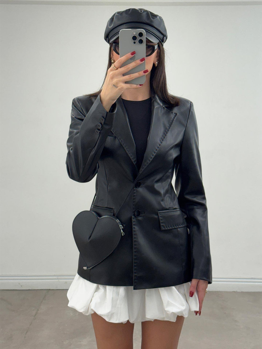 Punto Dikiş Detay Bele Oturan Deri Blazer Ceket Siyah
