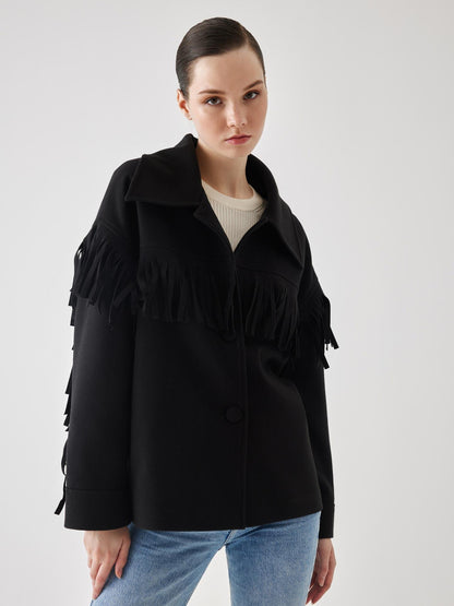 Püsküllü Oversize Siyah Kaşe Kaban