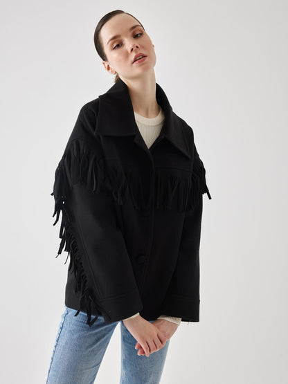 Püsküllü Oversize Siyah Kaşe Kaban