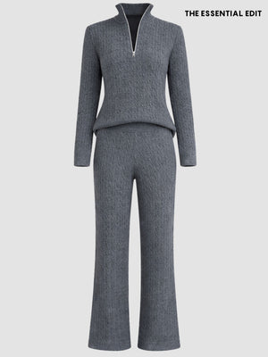 Saç Örgü Fermuar Detay Triko Takım Gri