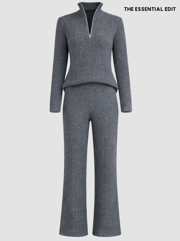 Saç Örgü Fermuar Detay Triko Takım Gri