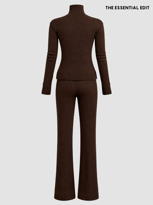 Saç Örgü Fermuar Detay Triko Takım Kahverengi