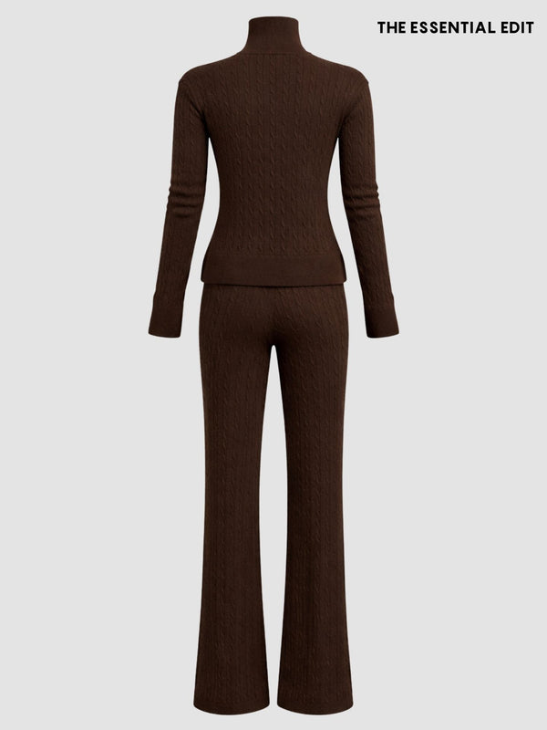 Saç Örgü Fermuar Detay Triko Takım Kahverengi