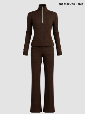 Saç Örgü Fermuar Detay Triko Takım Kahverengi