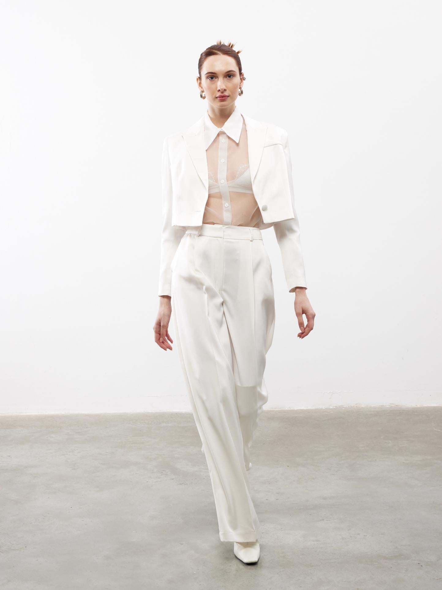 Saten Crop Ceket Pantolon Ekru Takım