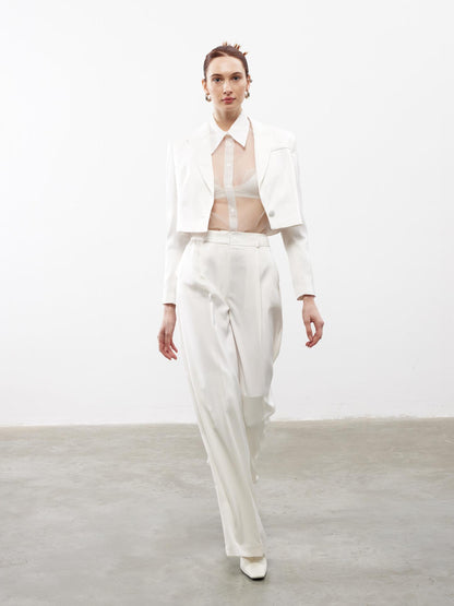 Saten Crop Ceket Pantolon Ekru Takım