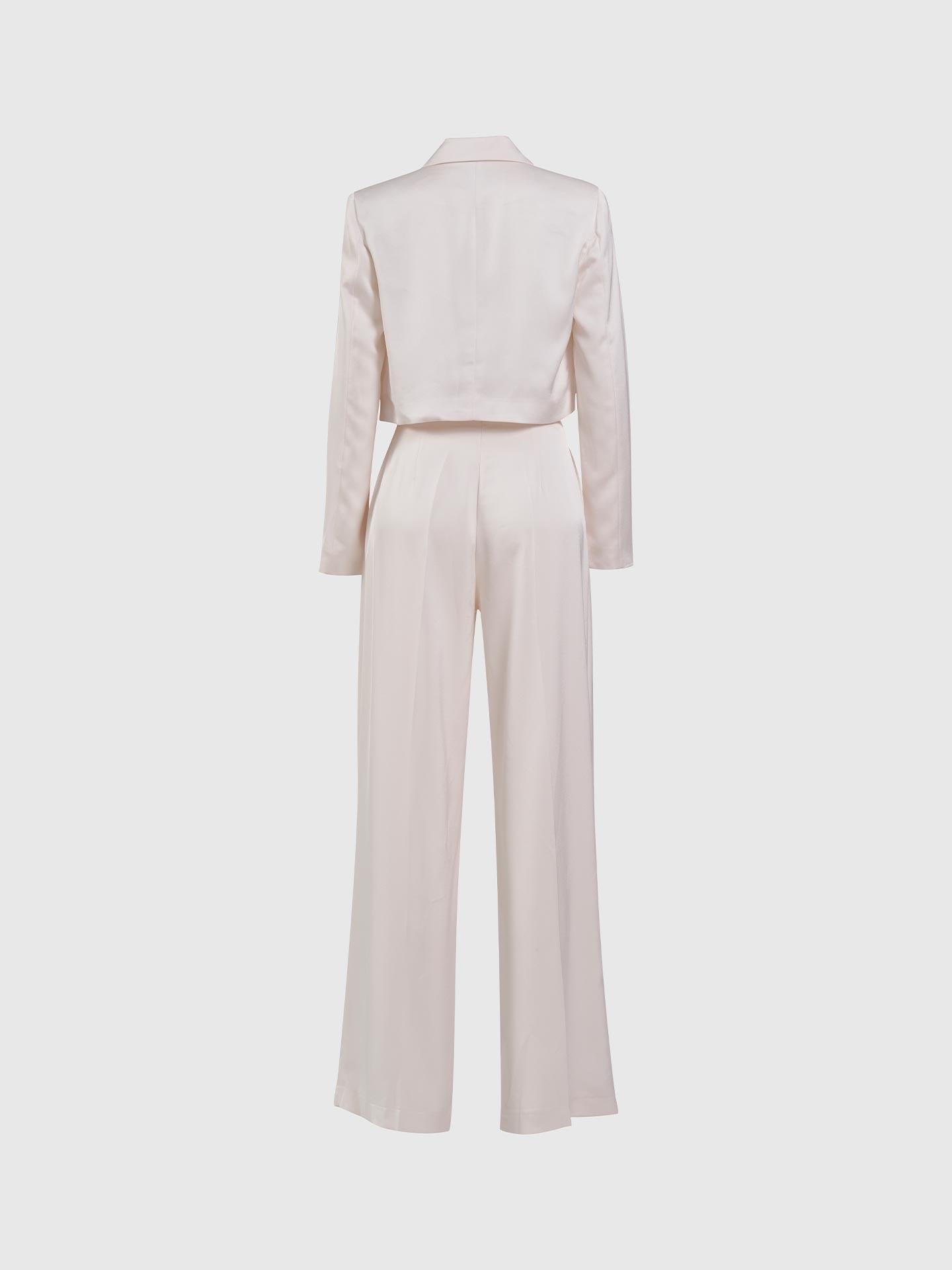 Saten Crop Ceket Pantolon Ekru Takım