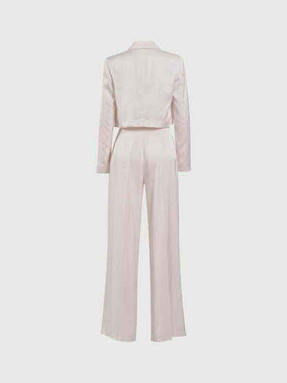 Saten Crop Ceket Pantolon Ekru Takım