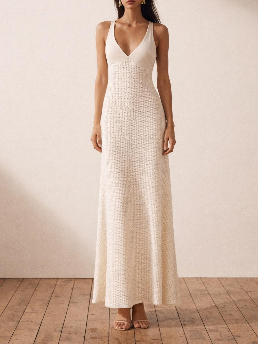 Sırt Detaylı V Yaka Maxi Elbise Natural