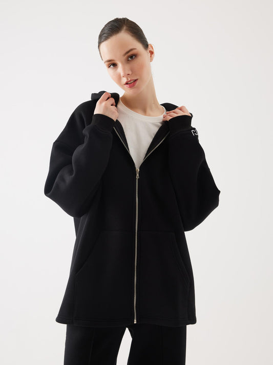 Siyah Fermuarlı Kapüşonlu Oversize Unisex Sweatshirt