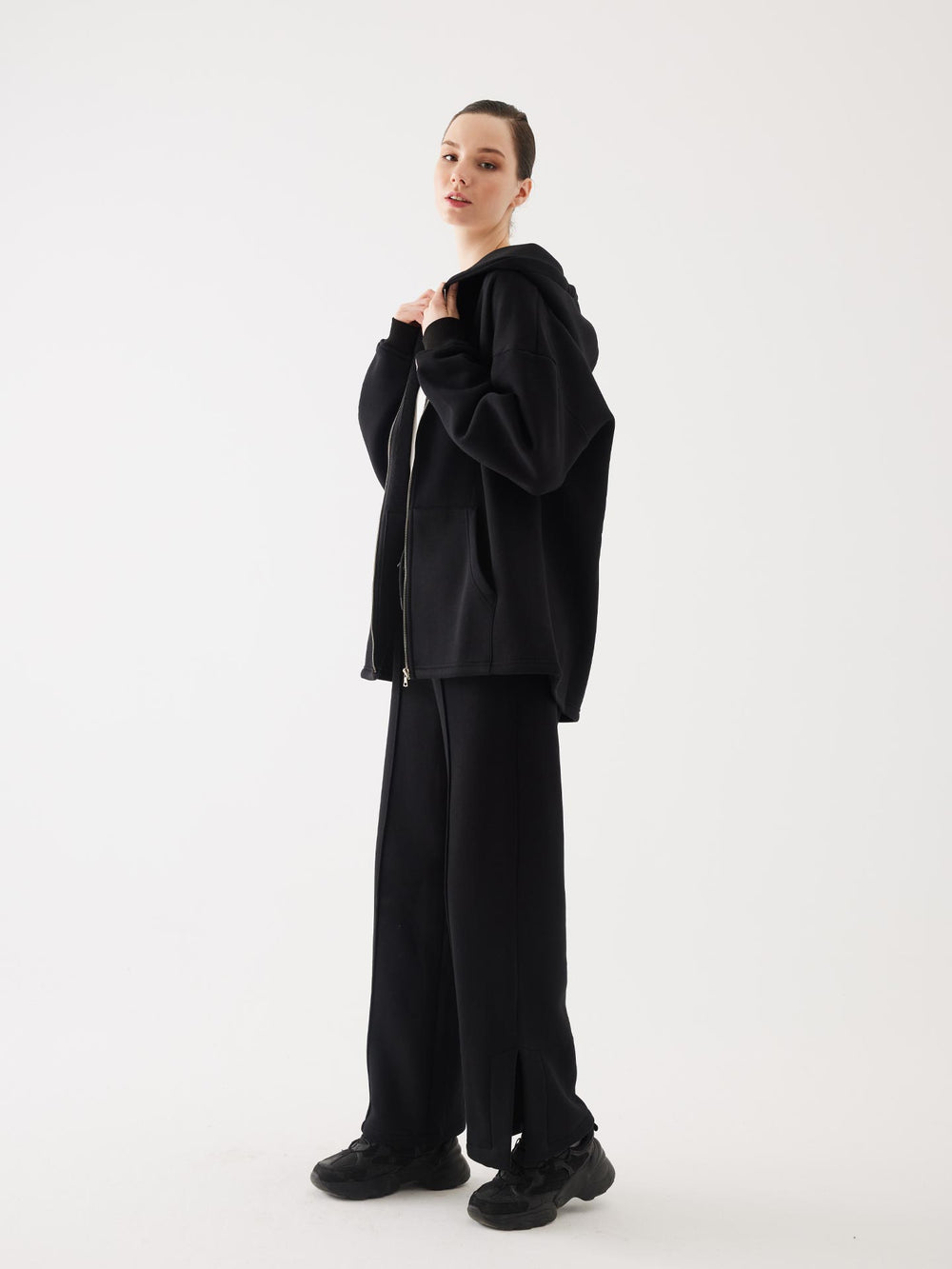 Siyah Fermuarlı Kapüşonlu Oversize Unisex Sweatshirt