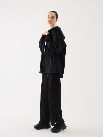 Siyah Fermuarlı Kapüşonlu Oversize Unisex Sweatshirt