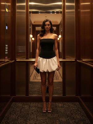 Straplez Yaka Balon Etek Mini Elbise Siyah-Beyaz