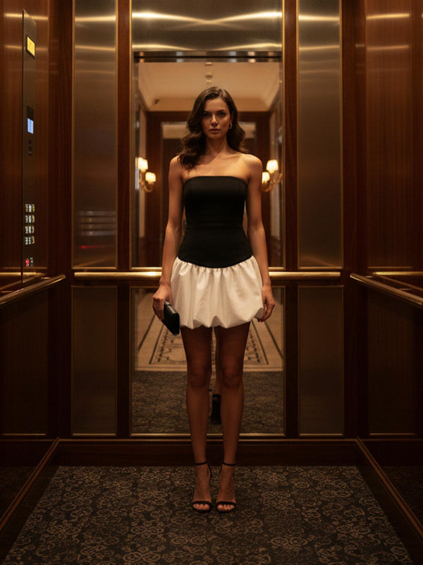 Straplez Yaka Balon Etek Mini Elbise Siyah-Beyaz