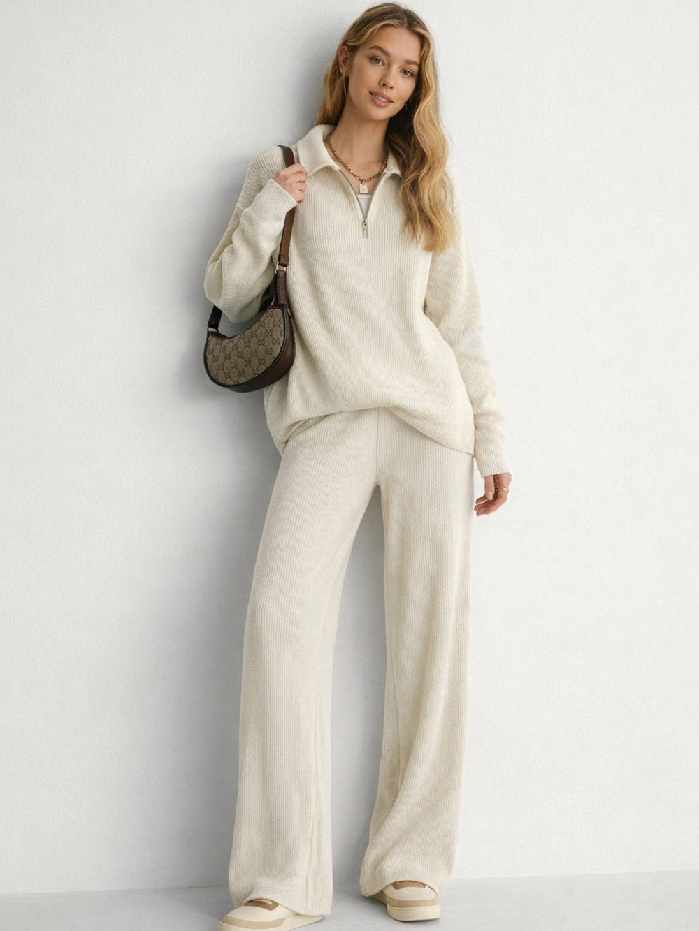 Triko Fermuarlı Oversize Takım Krem