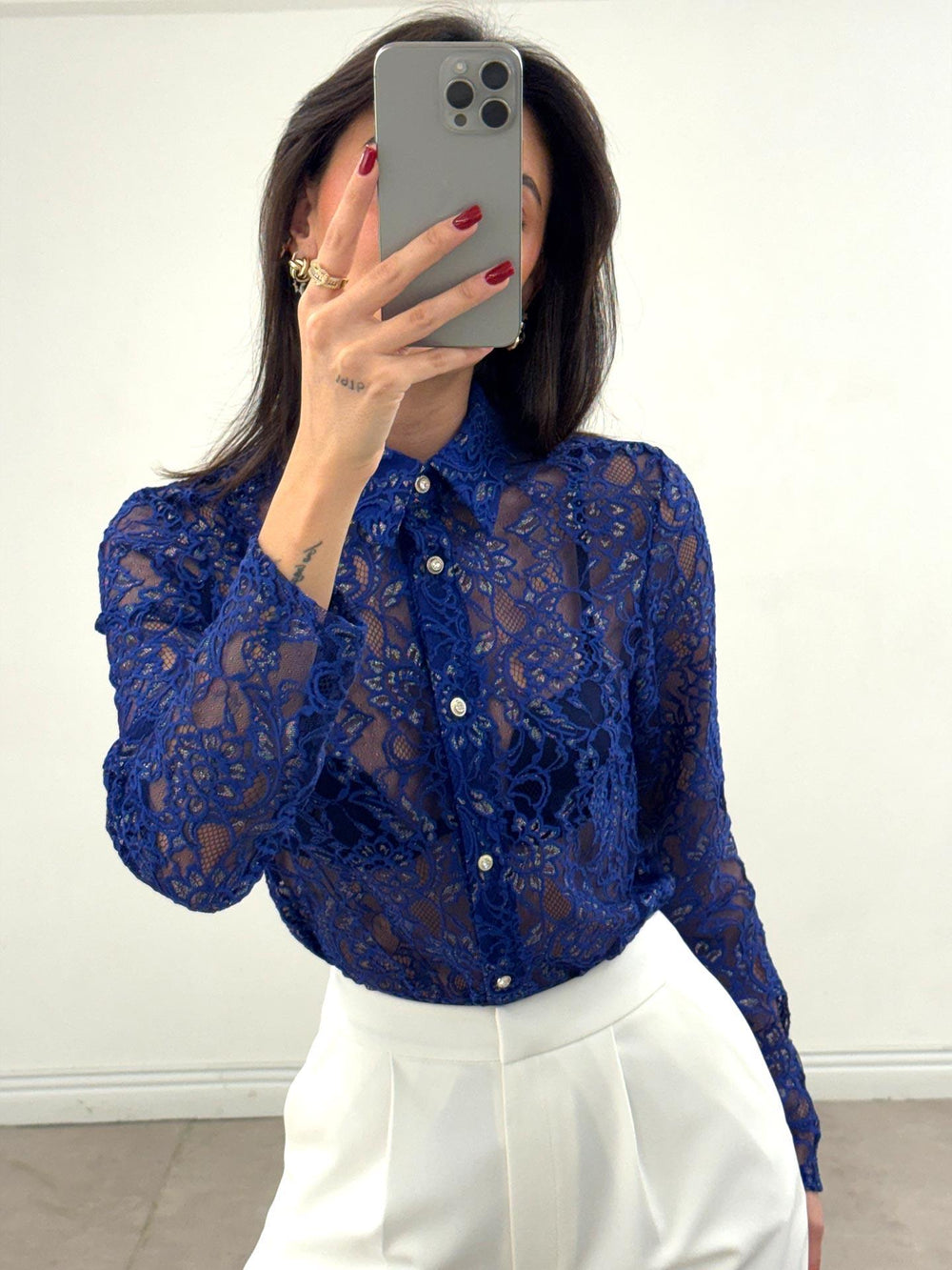 Varaklı Dantel Gömlek Saks