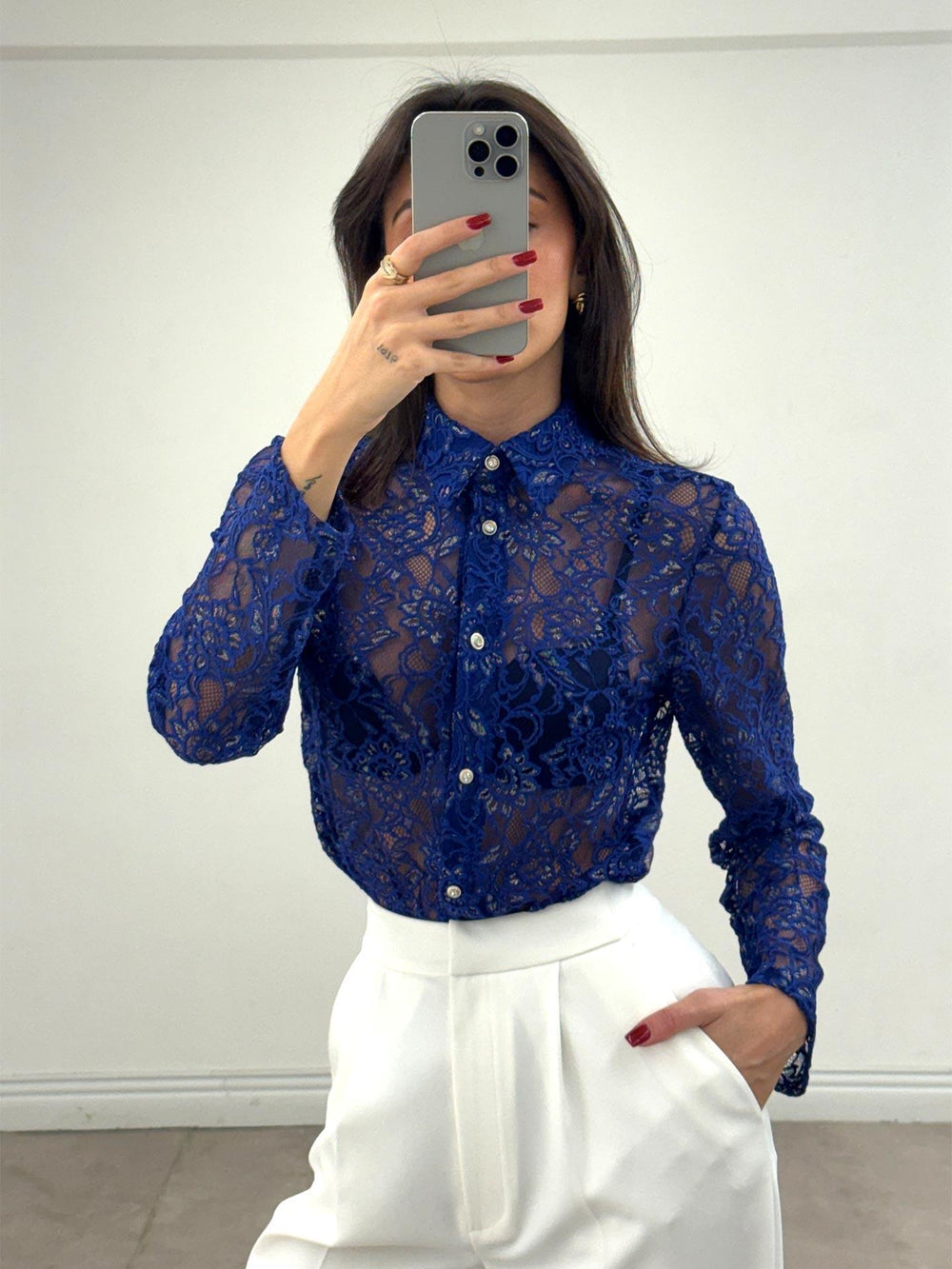 Varaklı Dantel Gömlek Saks