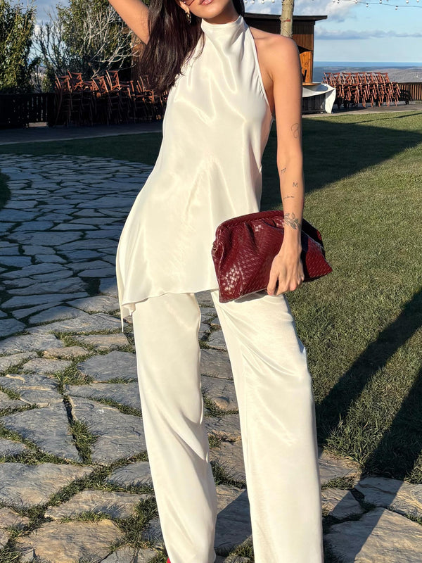 Asimetrik Kesim Halter Yaka Bluz-Pantolon Takım Ekru