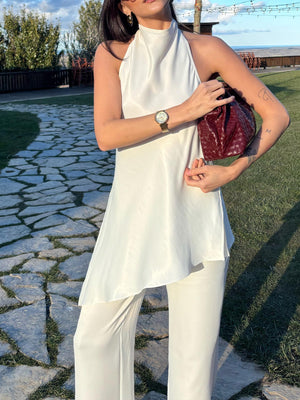 Asimetrik Kesim Halter Yaka Bluz-Pantolon Takım Ekru