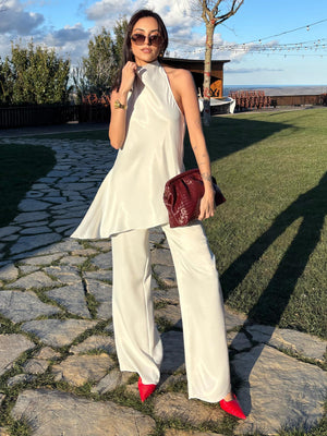 Asimetrik Kesim Halter Yaka Bluz-Pantolon Takım Ekru