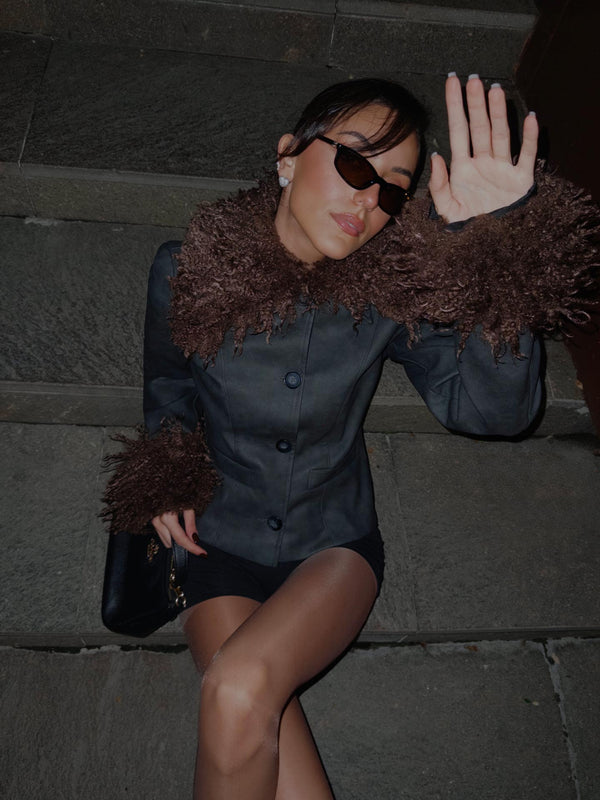 Kürk Yaka Kısa Ceket Gri