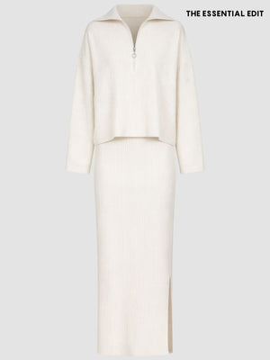 Fitilli Triko Fermuar Detay Triko Takım Ekru