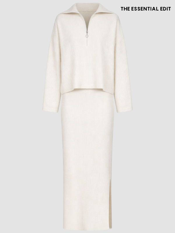 Fitilli Triko Fermuar Detay Triko Takım Ekru