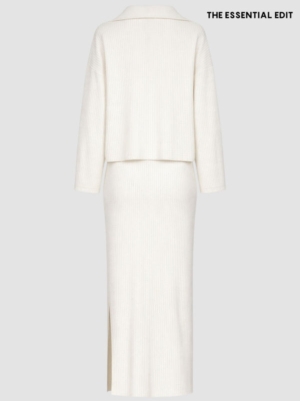 Fitilli Triko Fermuar Detay Triko Takım Ekru