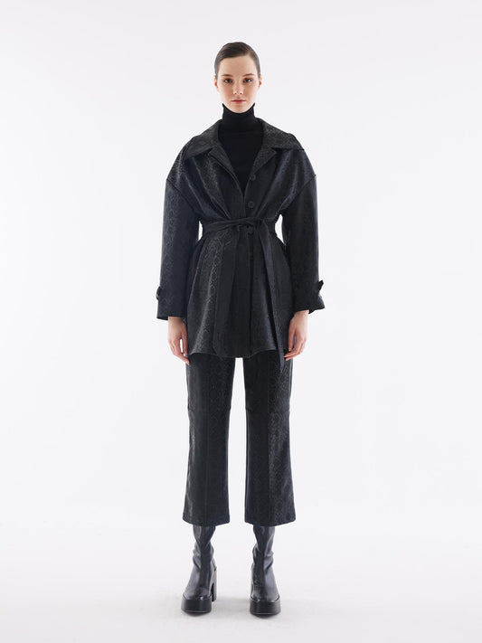 Piton Desen Kuşaklı Siyah Oversize Trençkot